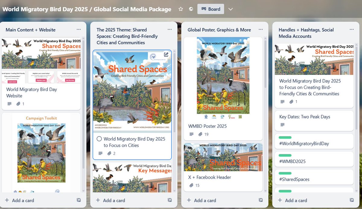 🌍✨ This #WorldMigratoryBirdDay, let’s create bird-friendly cities &amp; communities! 🐦💚 Join the global movement this May &amp; October. 

Learn more + get involved 👉trello.com/b/UiZn6H3K/wor…