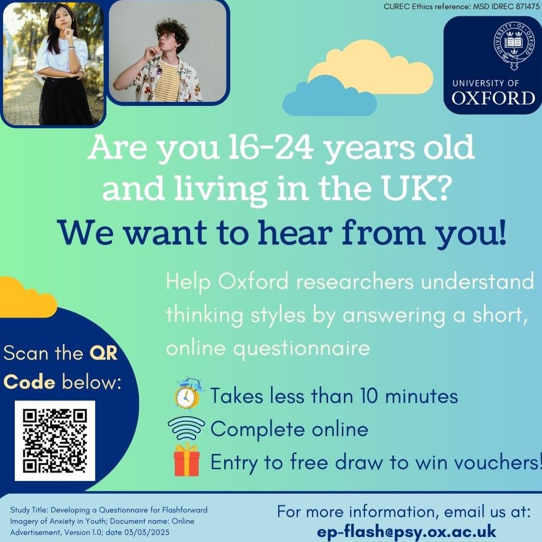 We’re looking for 16–24-year-olds to help us develop a new questionnaire about how young people imagine future events. The online survey takes just 10 minutes!  Interested? ➡️ rb.gy/cmghr5