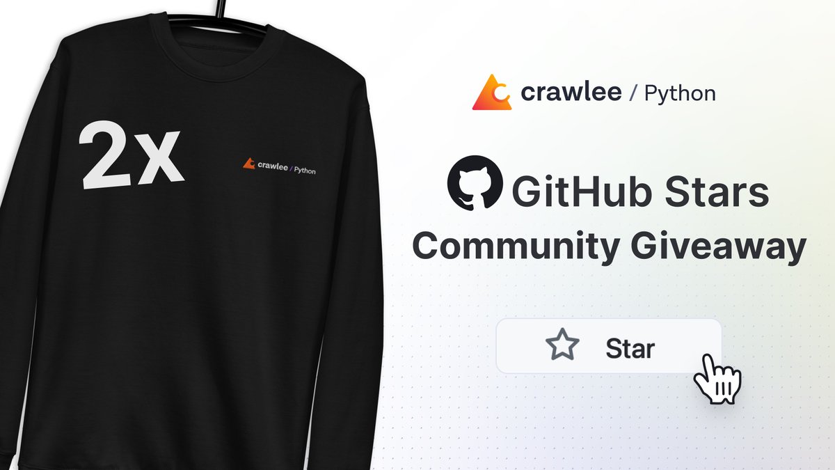 Apify (@apify) on Twitter photo ๐ Crawlee for Python GIVEAWAY ALERT!
Weโre giving away 2 Crawlee for Python sweatshirts to support our growing community!
Hereโs how to enter:
1๏ธโฃ Follow <a href="/apify/">Apify</a>
2๏ธโฃ RT this post
3๏ธโฃ Star Crawlee for Python on GitHub
4๏ธโฃ Comment with your GH username
๐
Deadline: May 5 ๐ Crawlee for Python GIVEAWAY ALERT!
Weโre giving away 2 Crawlee for Python sweatshirts to support our growing community!
Hereโs how to enter:
1๏ธโฃ Follow <a href="/apify/">Apify</a>
2๏ธโฃ RT this post
3๏ธโฃ Star Crawlee for Python on GitHub
4๏ธโฃ Comment with your GH username
๐
Deadline: May 5