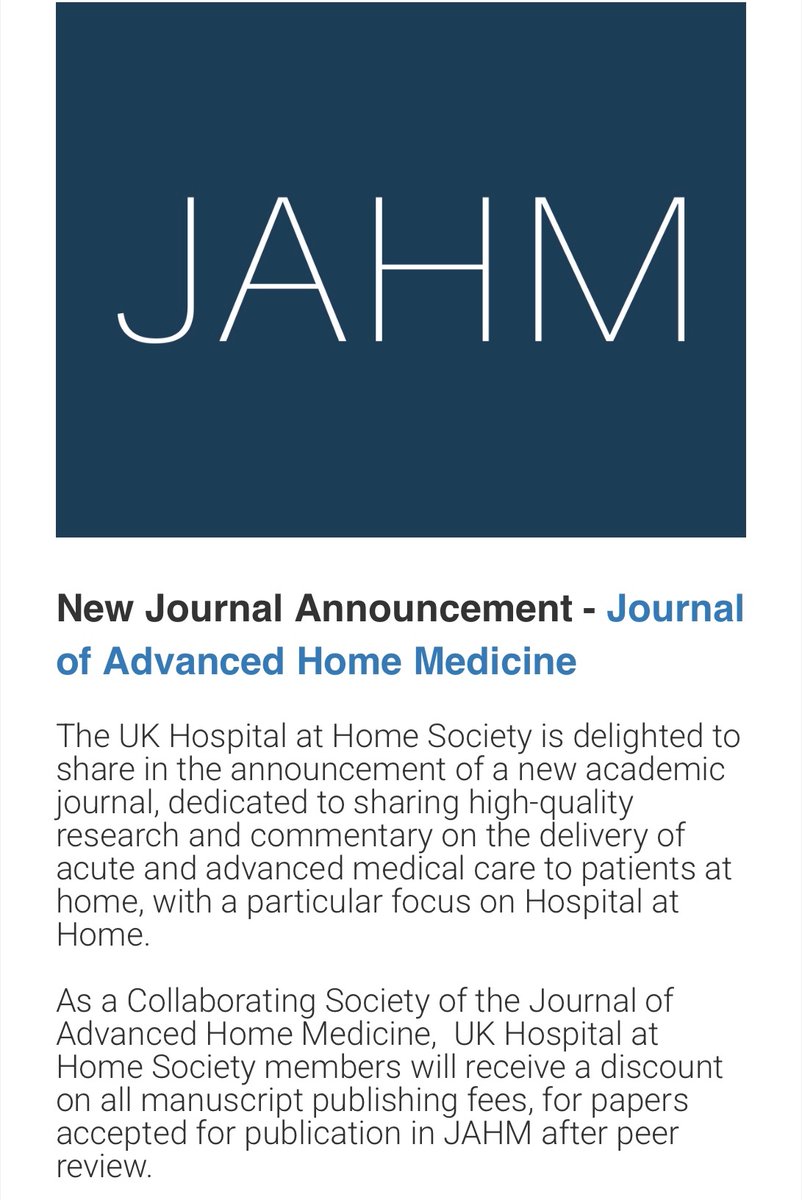 UK Hospital at Home Society (@ukhahsoc) on Twitter photo ๐จIn case you missed it!
Weโre proud to be a Collaborating Society of the new Journal of Advanced Home Medicine โ dedicated to advancing research in acute care at home.
<a href="/UKHaHSoc/">UK Hospital at Home Society</a> members receive discounted publishing fees, see further details here:
โฌ๏ธ
rb.gy/pvgk7g ๐จIn case you missed it!
Weโre proud to be a Collaborating Society of the new Journal of Advanced Home Medicine โ dedicated to advancing research in acute care at home.
<a href="/UKHaHSoc/">UK Hospital at Home Society</a> members receive discounted publishing fees, see further details here:
โฌ๏ธ
rb.gy/pvgk7g