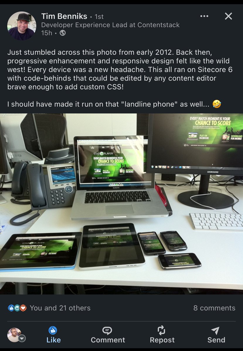 Came across this post by <a href="/timbenniks/">🦋 Tim Benniks</a> on LinkedIn. It reminded me of the “early” days of web development. Sure, it was a lot of work to get stuff right  — yet it was SO satisfying. Got great memories of this time.