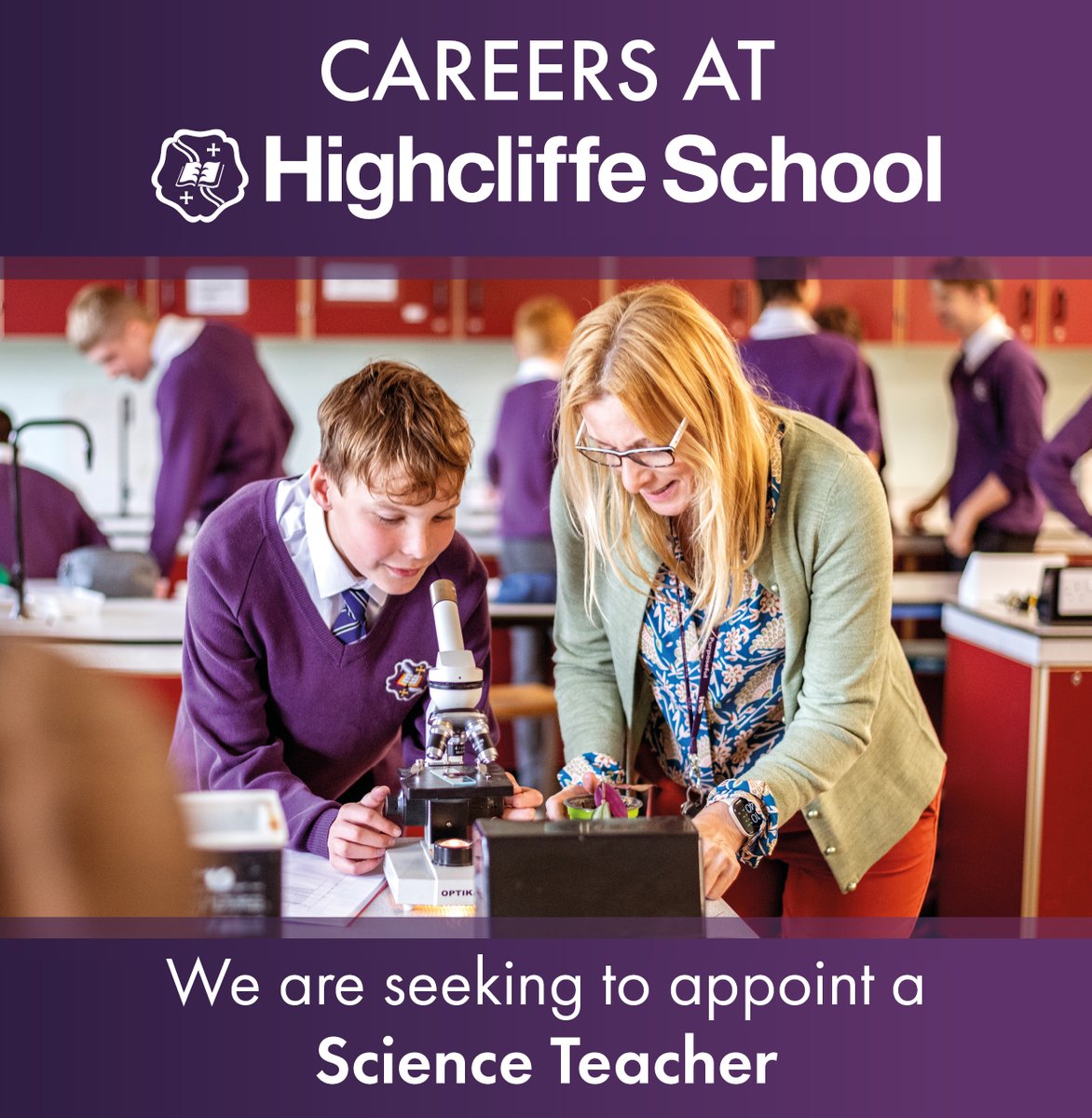 Vacancy: Science Teacher 

We are seeking an outstanding classroom teacher to delivery inspiring lessons and engage students of all levels and ability. Please head to the link below for more info. 

highcliffe.school/Vacancies