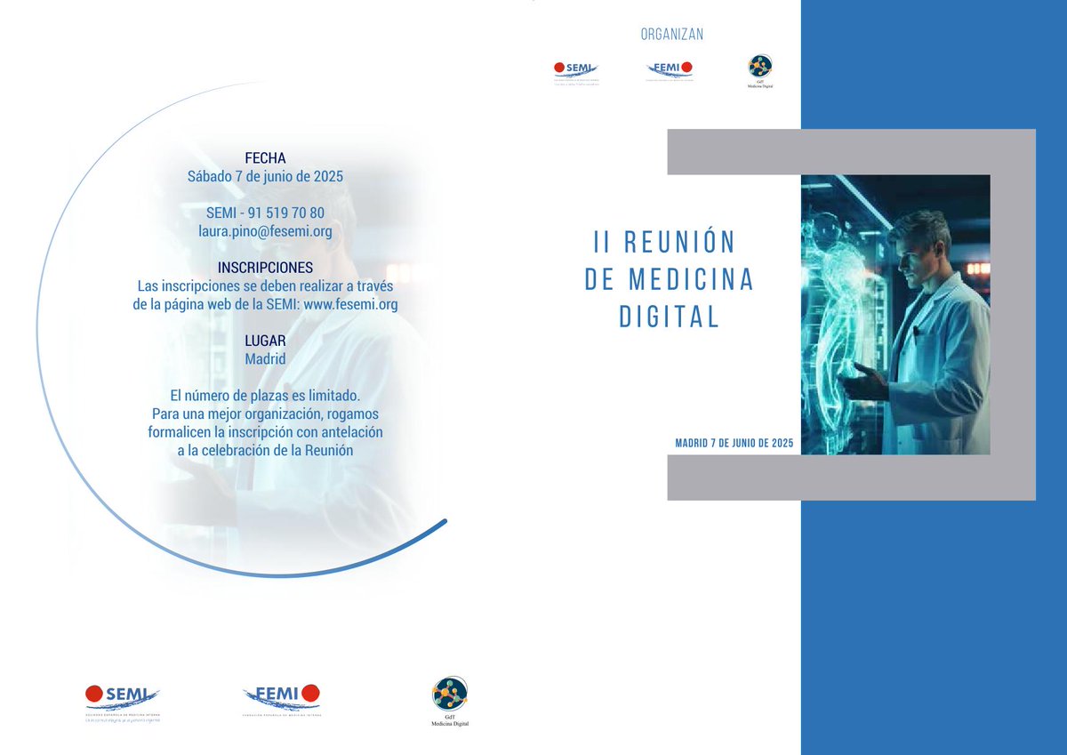 Sociedad Española de Medicina Interna (SEMI) (@sociedad_semi) on Twitter photo 📢 II Reunión de #MedicinaDigital de <a href="/Sociedad_SEMI/">Sociedad Española de Medicina Interna (SEMI)</a> 🩺🏥
🗓️7 de junio de 2025
🔗Programa, inscripciones y toda la información:
fesemi.org/congresos/ii-r…
‼️Las plazas son limitadas ‼️ ¡Corre e inscríbete! Rogamos formalicen las inscripciones con suficiente antelación. #SEMITuit 📢 II Reunión de #MedicinaDigital de <a href="/Sociedad_SEMI/">Sociedad Española de Medicina Interna (SEMI)</a> 🩺🏥
🗓️7 de junio de 2025
🔗Programa, inscripciones y toda la información:
fesemi.org/congresos/ii-r…
‼️Las plazas son limitadas ‼️ ¡Corre e inscríbete! Rogamos formalicen las inscripciones con suficiente antelación. #SEMITuit