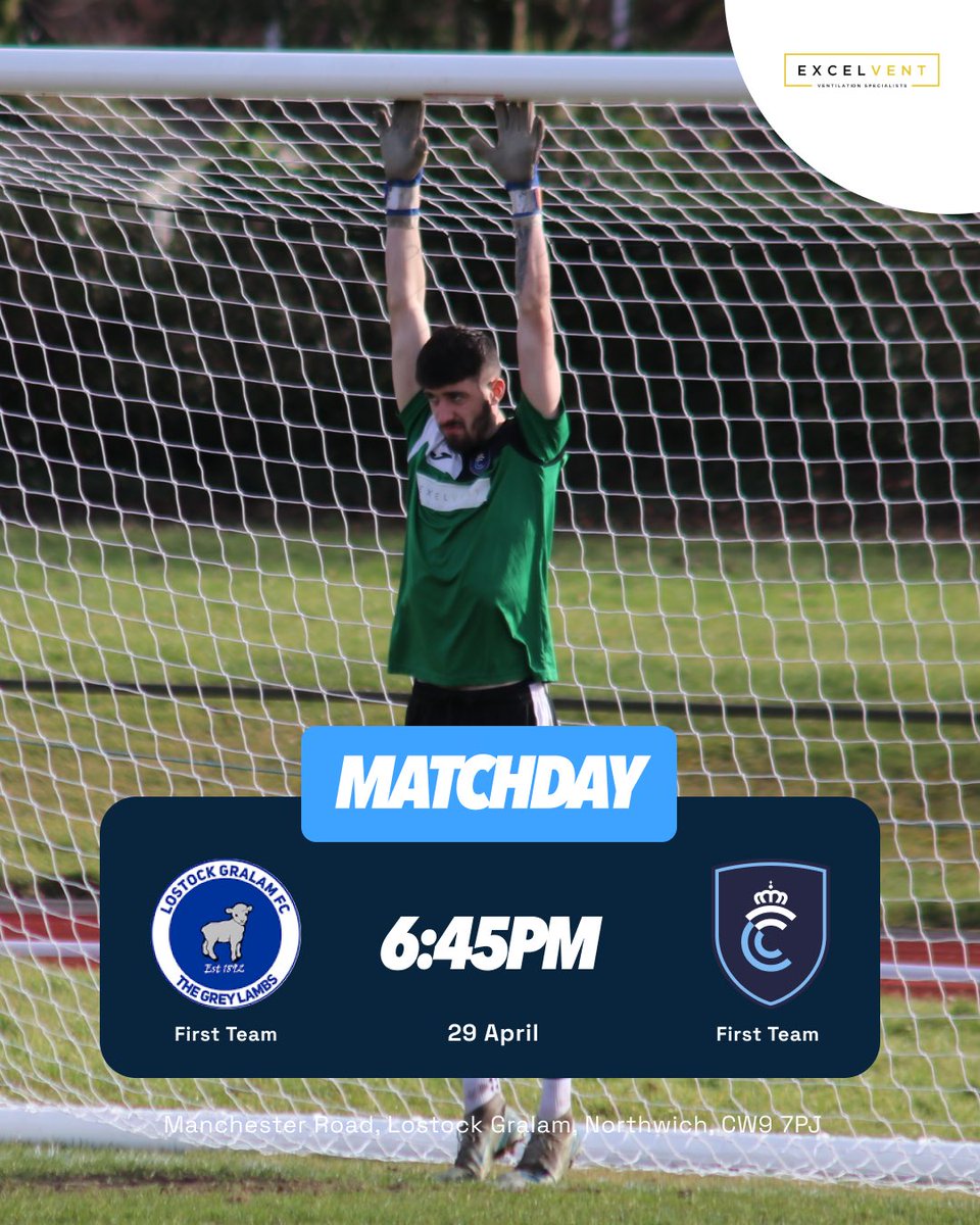 𝗠𝗮𝘁𝗰𝗵𝗱𝗮𝘆! 

⚽️<a href="/thegreylambs/">Lostock Gralam FC</a> v <a href="/CreweFC/">Crewe FC</a>  

🗓 29:04/25

🏆 <a href="/CheshireFL/">Cheshire Football League ⚽️</a> Premier Division
 
🕡 6.45pm Kick Off

📍Manchester Road, Lostock Gralam, Northwich, CW9 7PJ 

👋🏻 See you there