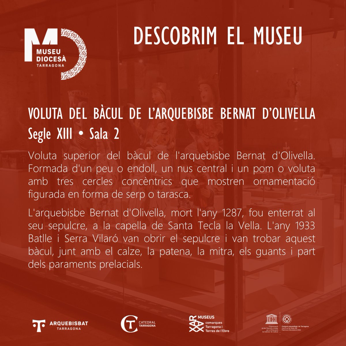 Museu Diocesà de Tarragona (@museudiocesatgn) on Twitter photo 🏛 DESCOBRIM EL MUSEU |
Avui us presentem la voluta del Bàcul de l'arquebisbe
Bernat d'Olivella, del segle XIII. La podeu veure a la
Sala 2 del MDT.
#DescobrimelMuseuDiocesàTgn #esglésiadetarragona
#MDT #museudiocesàtarragona
<a href="/esglesiatgn/">Arquebisbat de Tarragona</a> 🏛 DESCOBRIM EL MUSEU |
Avui us presentem la voluta del Bàcul de l'arquebisbe
Bernat d'Olivella, del segle XIII. La podeu veure a la
Sala 2 del MDT.
#DescobrimelMuseuDiocesàTgn #esglésiadetarragona
#MDT #museudiocesàtarragona
<a href="/esglesiatgn/">Arquebisbat de Tarragona</a>