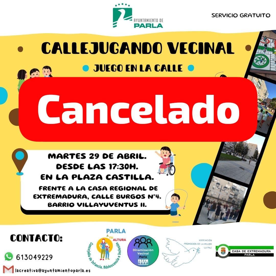 Queda cancelada la actividad del callejugando vecinal de hoy debido a las consecuencias del apagón de ayer y atendiendo a las recomendaciones de las autoridades competentes. 

Esperamos que tod@s estéis bien. Pronto tendréis noticias de cuando volvemos con el Callejugando Vecinal