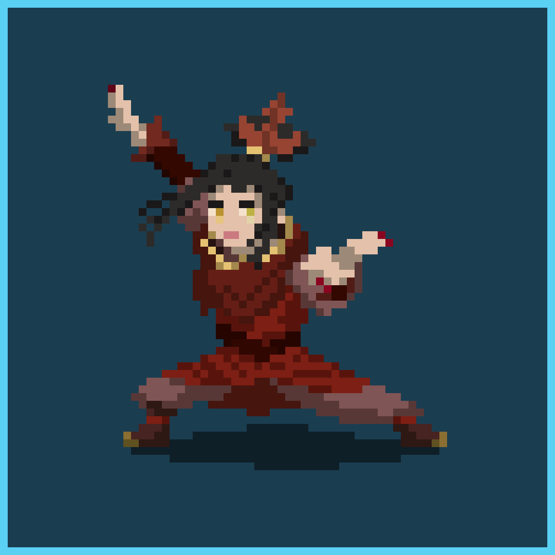 Yahlir's tweet photo. Azula is the final new character for the second Avatar Week!
Loved working on the lightning and her mirrored pose to Zuko.

Group shot drops tomorrow!

#avatarthelastairbender #azula #atla
#avatarfanart #firebender #firenation #pixelart #ドット絵 https://t.co/Wnatg69BzS