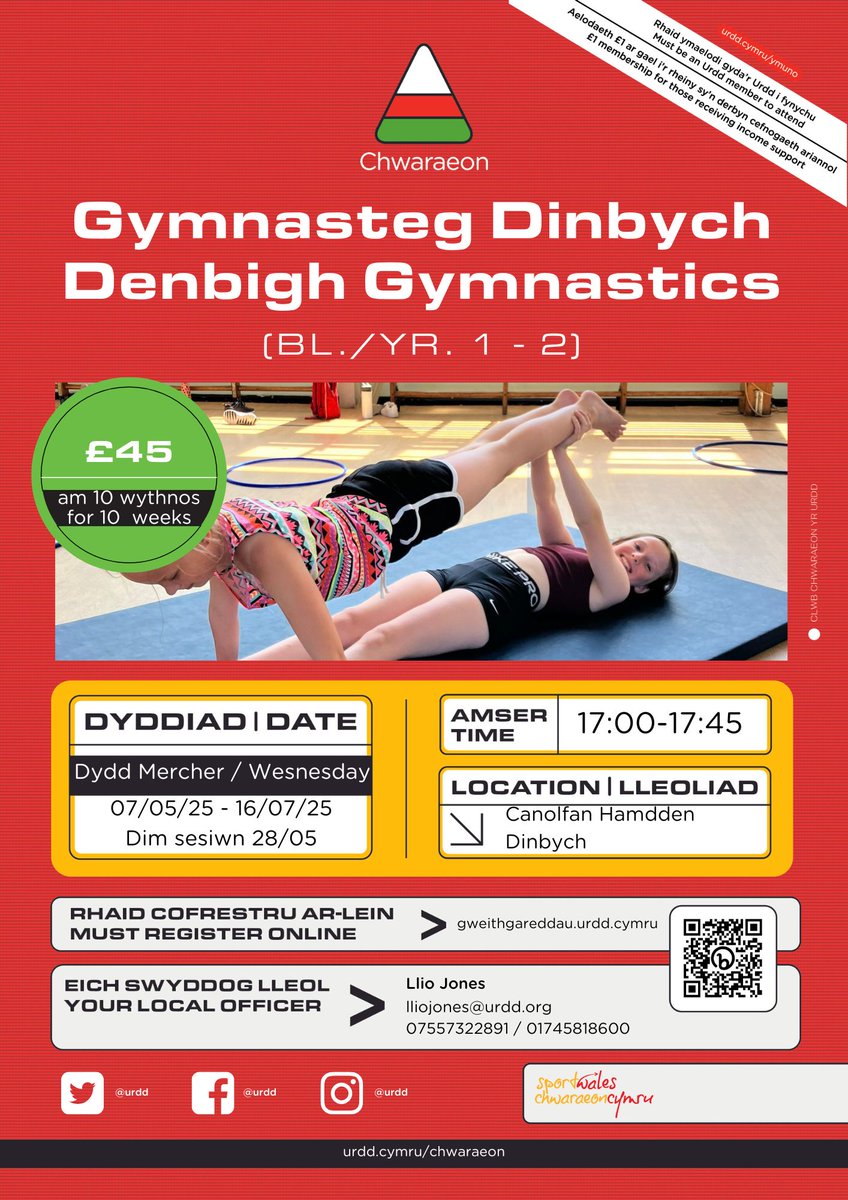 ❗️Clybiau Cymunedol❗️
Clybiau Pel rwyd  a Gymnasteg Dinbych!🏐🤸‍♀️
Mae yna ddal le yn y tri chlwb i ymuno a ni! 📌
Profiad neu ddim! Mae'r clwb yn agored i bawb!😀
Denbigh Netball Clubs and Gymnastic club !🏐🤸‍♀️
Linc Cofrestru-gweithgareddau.urdd.cymru