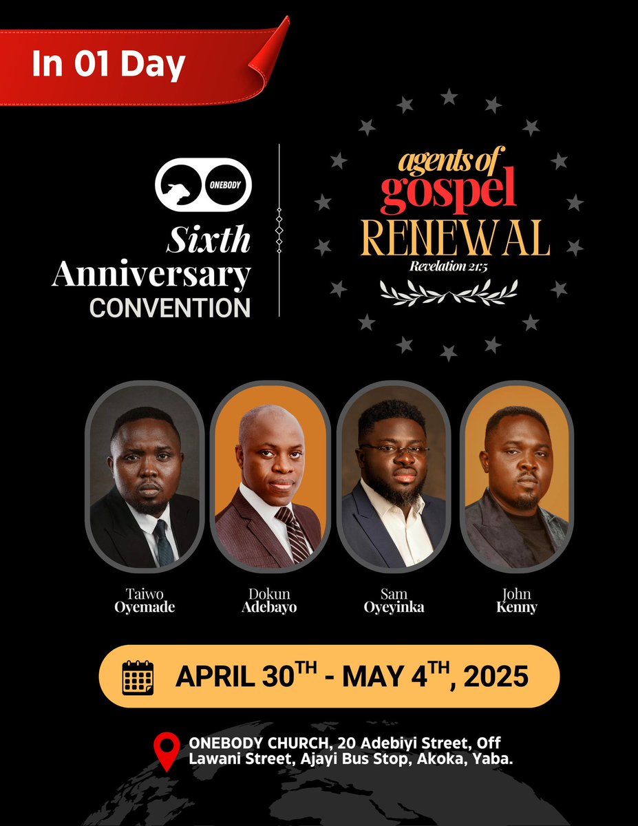 Onebodyng's tweet photo. Our Sixth anniversary convention starts this week. 

Starting tomorrow, ministering is @taiwooyemade on Thursday, @DrFeruke and Friday, @johnkennymusic and grand finale on Sunday, @dokunadebayo 

We look forward to receiving you in our week of celebration. https://t.co/Ghvvx6bw1H