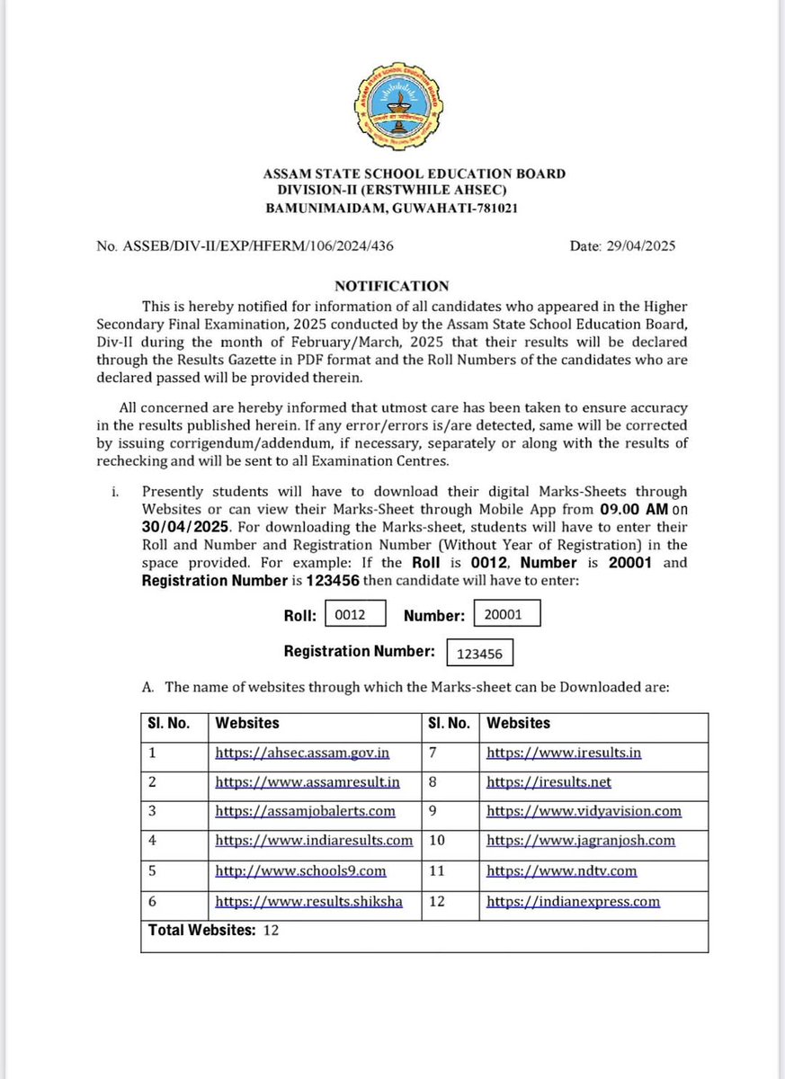 dc_nagaon's tweet photo. #Assam HS Exam 2025
Results will be declared tomorrow.
Download your digital mark-sheets from 9 AM, 30th April 2025 via official websites or the UPOLOBODHA mobile app.
#AHSEC #AssamResults https://t.co/WFEyOLj4WP