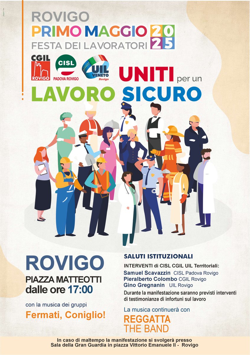📢Primo Maggio 2025: #Cgil, #Cisl e #Uil “Uniti per un lavoro sicuro”.
📌Appuntamento a Padova, alle 10 in piazza dei Signori e a Rovigo, alle 17 in piazza Matteotti.
#1M2025