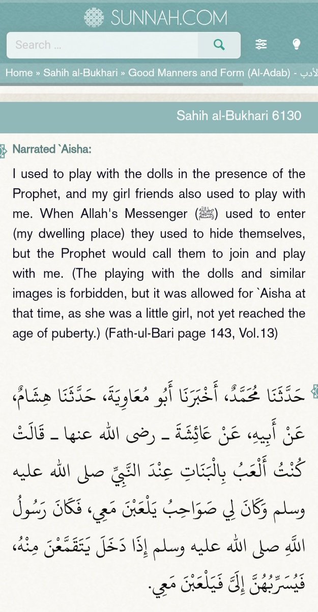 JeevanKc111's tweet photo. @ImtiazMadmood Here also narrated by Aisha herself that she used to play with dolls when she was forced into marriage to paedo Muhammad (sh!t.b.u.h) https://t.co/MJ7a522kpO