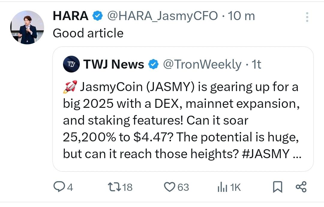 Fintwiit's tweet photo. Okey. So Ceo of $jasmy just reposted and comented this article saying $4.47 potential. 
I like it, its bull, its forward leaning its confidence. 
I dont like to say it...but..Lets go!!!
#jasmy https://t.co/gfE4Cs5Rc4