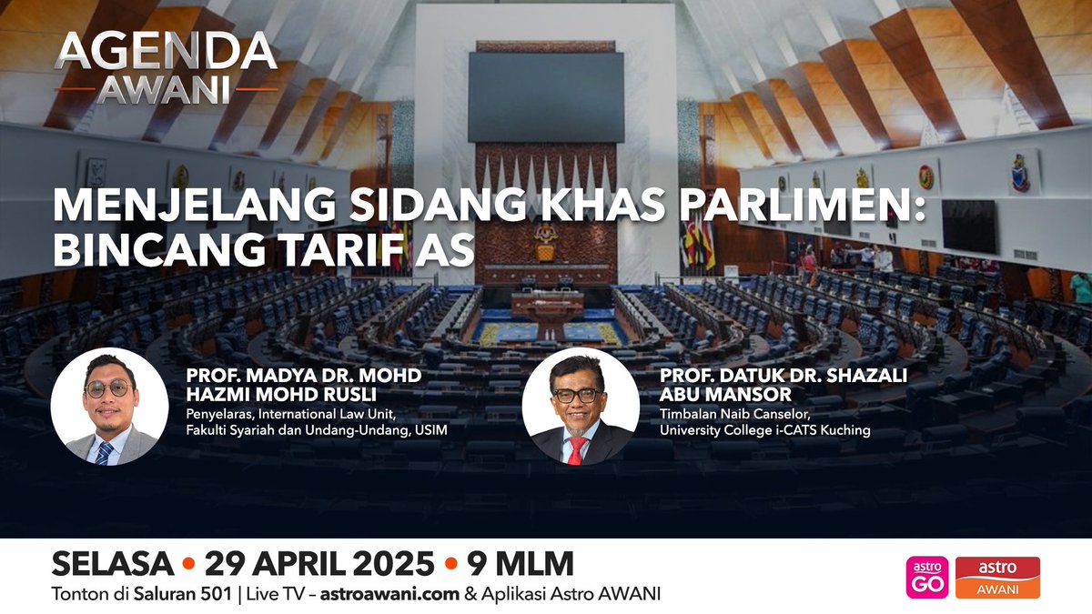 AgendaAWANI (@agendaawani) on Twitter photo Apa persiapan dan strategi Malaysia dalam mendepani tarif timbal balas Amerika Syarikat yang perlu dibincang segera dalam sidang khas Parlimen pada 5 Mei ini? <a href="/501Awani/">Astro AWANI</a> <a href="/nazrikh/">nazri kahar</a> Apa persiapan dan strategi Malaysia dalam mendepani tarif timbal balas Amerika Syarikat yang perlu dibincang segera dalam sidang khas Parlimen pada 5 Mei ini? <a href="/501Awani/">Astro AWANI</a> <a href="/nazrikh/">nazri kahar</a>