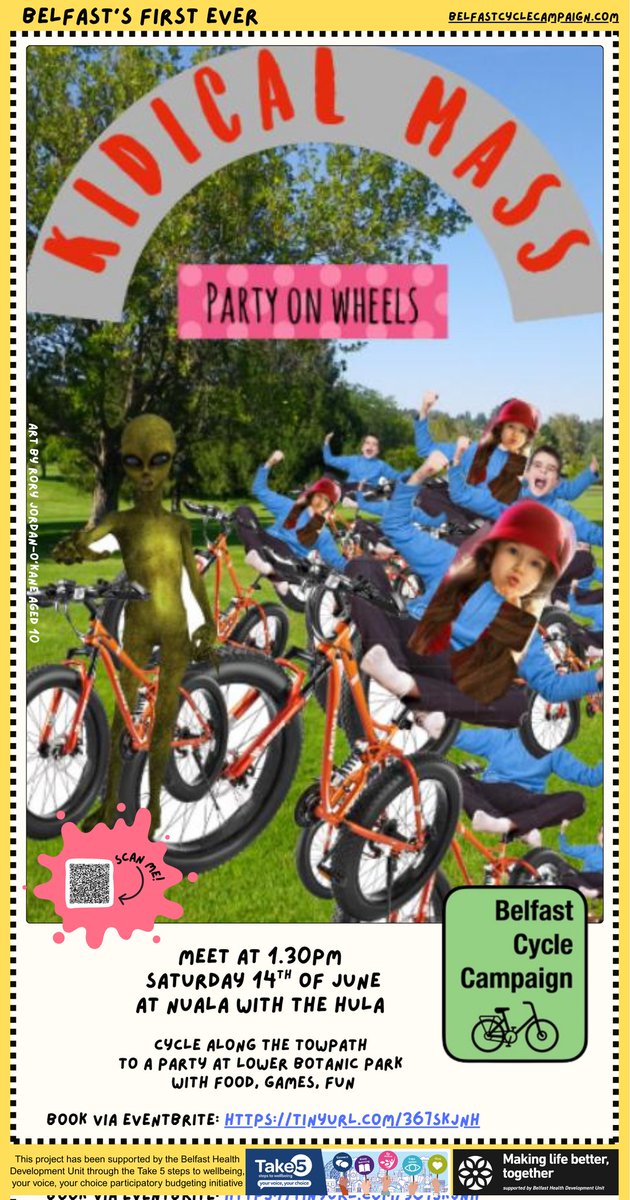 📣 Kidical Mass is coming to Belfast 🥳

Come and join our inclusive, family friendly mass cycle ride. 

Sat June 14th 1.30pm
Meet at Nuala with the Hula
Ride ends at Friends of the Field (Lower Botanic Park)

Event free, but registration required:

eventbrite.co.uk/e/129922582240…