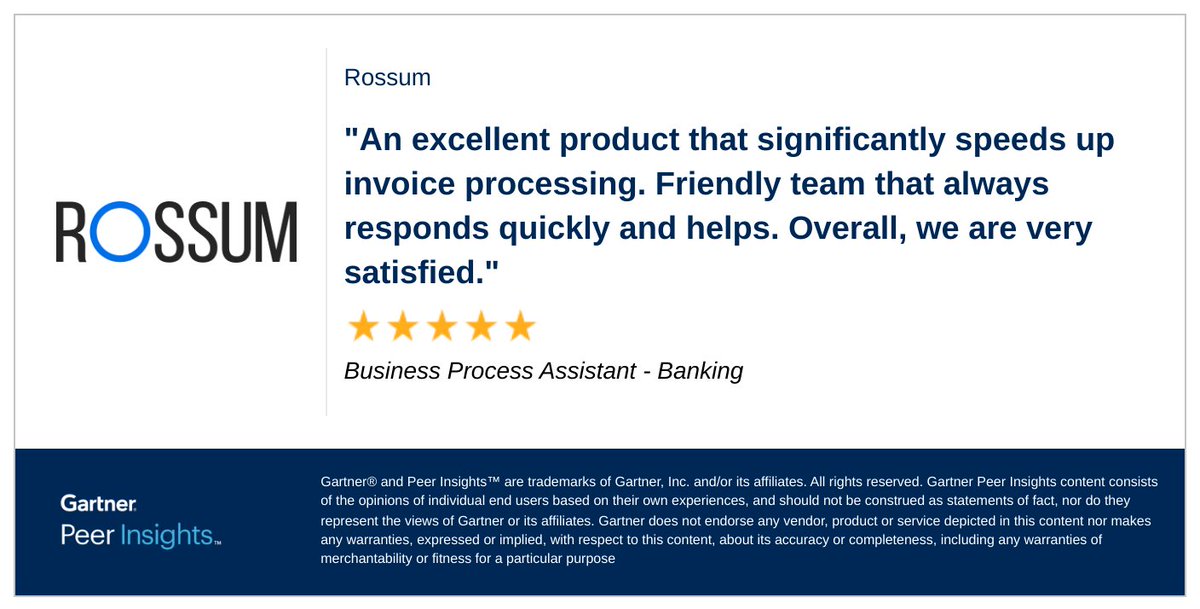 🚀 Faster invoices, zero compromises.
With Rossum’s AI agents, you can accelerate invoice processing without breaking compliance, SOPs, or your team's back. No workarounds. No rework. Just seamless automation with a human touch. 🤝

gtnr.io/aim1XJ0Xc
#GartnerPeerInsights
