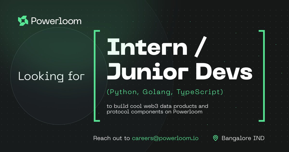 Anomit (@anomit) on Twitter photo 🎊 <a href="/Powerloom/">Powerloom Protocol</a>'s BLR HQ is live along with mainnet powering data for thousands. Heads down building the next layer of data products on the mainnet infra.
🧑🏻💻 Looking for intern/junior devs (Python/Golang, TS) with a passion for data, code & systems. Apply at careers@powerloom.io 🎊 <a href="/Powerloom/">Powerloom Protocol</a>'s BLR HQ is live along with mainnet powering data for thousands. Heads down building the next layer of data products on the mainnet infra.
🧑🏻💻 Looking for intern/junior devs (Python/Golang, TS) with a passion for data, code & systems. Apply at careers@powerloom.io