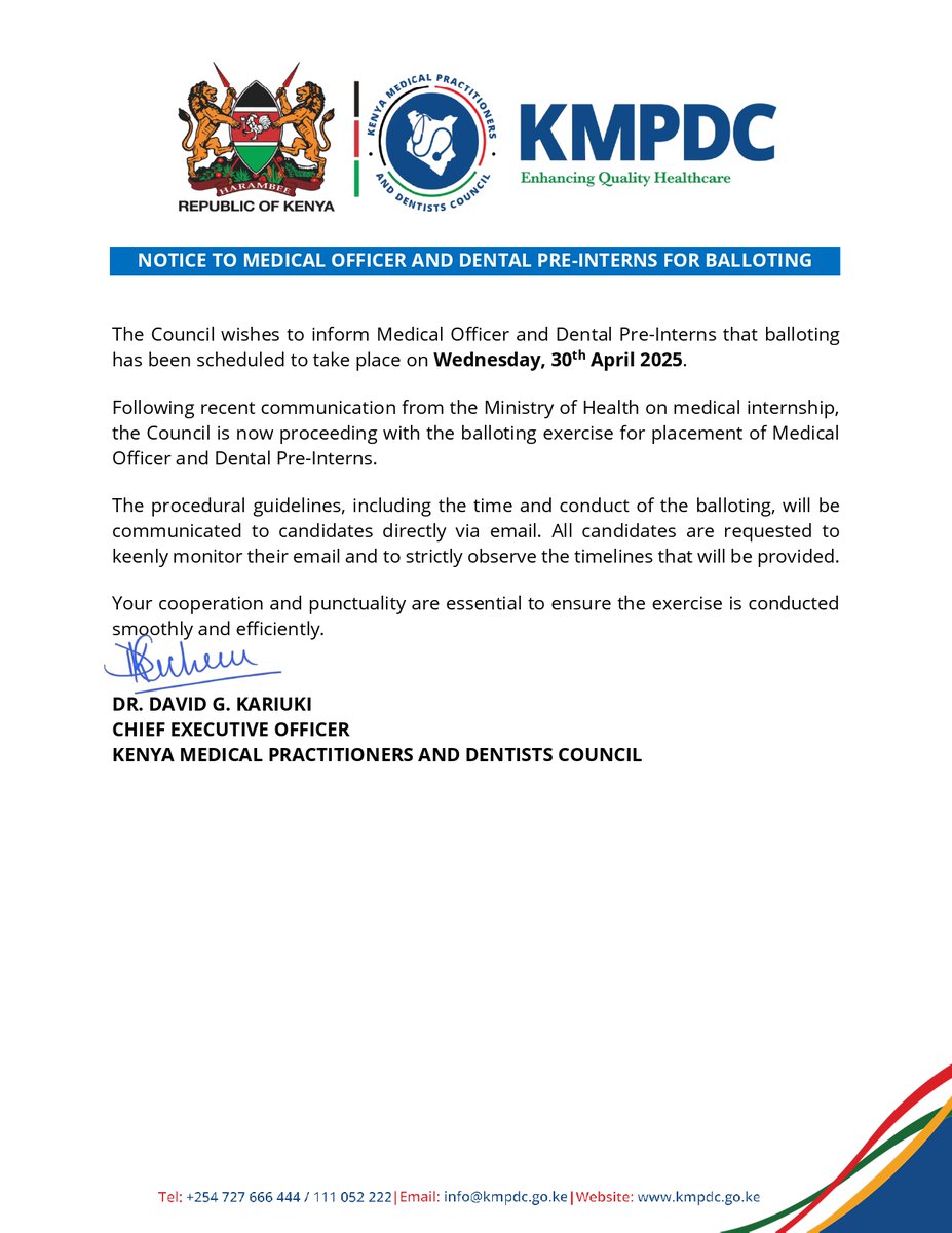 Kenya Medical Practitioners and Dentists Council (@kmpdcofficial) on Twitter photo Notice to Medical Officer and Dental Pre-interns for Balloting.
<a href="/koske_felix/">felix koskei</a> <a href="/HonAdenDuale/">Hon. Aden Duale, EGH</a> <a href="/psmuthoni/">Mary Muthoni Muriuki, CBS, HSC</a> <a href="/fnoluga/">Dr. Ouma Oluga, OGW</a>
<a href="/MOH_Kenya/">Ministry of Health</a> <a href="/KenyaMedics_KMA/">Kenya Medical Association</a> <a href="/kenyadental/">KENYA DENTAL ASSOCIATION</a> <a href="/KaphKaph2000/">Kenya Association of Private Hospitals (KAPH)</a> <a href="/RuphaKenya/">RUPHA_Kenya</a> <a href="/HealthProfKE/">Kenya HealthCare Professionals 🇰🇪</a> <a href="/ohakcoho/">ORAL HEALTH ASSOCIATION OF KENYA</a> <a href="/KenyaHealthPOA/">Kenya Health Professions Oversight Authority</a> Notice to Medical Officer and Dental Pre-interns for Balloting.
<a href="/koske_felix/">felix koskei</a> <a href="/HonAdenDuale/">Hon. Aden Duale, EGH</a> <a href="/psmuthoni/">Mary Muthoni Muriuki, CBS, HSC</a> <a href="/fnoluga/">Dr. Ouma Oluga, OGW</a>
<a href="/MOH_Kenya/">Ministry of Health</a> <a href="/KenyaMedics_KMA/">Kenya Medical Association</a> <a href="/kenyadental/">KENYA DENTAL ASSOCIATION</a> <a href="/KaphKaph2000/">Kenya Association of Private Hospitals (KAPH)</a> <a href="/RuphaKenya/">RUPHA_Kenya</a> <a href="/HealthProfKE/">Kenya HealthCare Professionals 🇰🇪</a> <a href="/ohakcoho/">ORAL HEALTH ASSOCIATION OF KENYA</a> <a href="/KenyaHealthPOA/">Kenya Health Professions Oversight Authority</a>