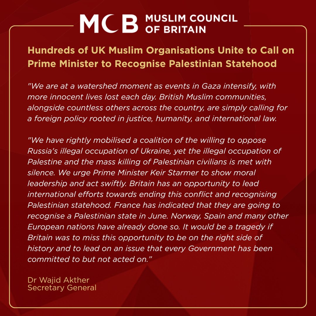 Hundreds of Muslim organisations, representing thousands of Muslims across the UK have united to call on PM Keir Starmer to recognise Palestinian statehood and demand an immediate ceasefire in Gaza.

You can read the letter here: bit.ly/pmlettergazapa…
Read our full statement