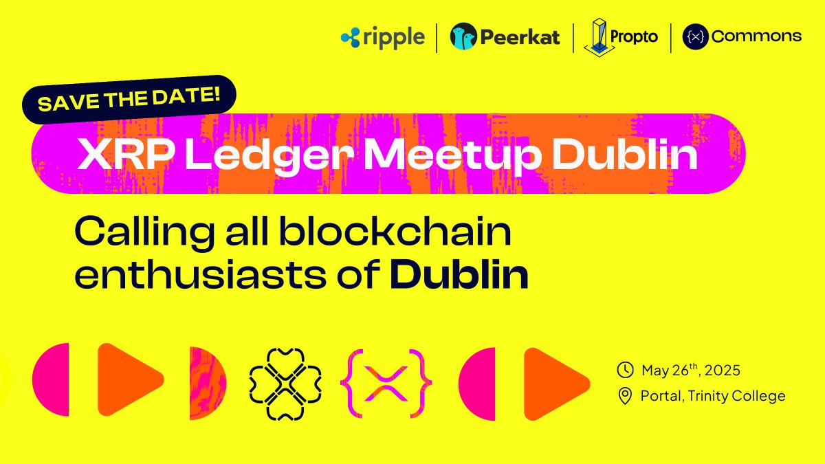 🚀 Join us in Dublin for the next XRPL Meetup! 
📍 Trinity College, The Portal
📅 26th May | 🕕 6 pm onwards
Dive into RWA tokenization &amp; XRPL innovation.

🍸 Networking, talks, XRPL Community vibes.
🎟️ RSVP: xrpl.at/Meetup-Dublin
Powered by <a href="/xrpl_commons/">XRPL Commons</a>  <a href="/RippleXDev/">RippleX</a>