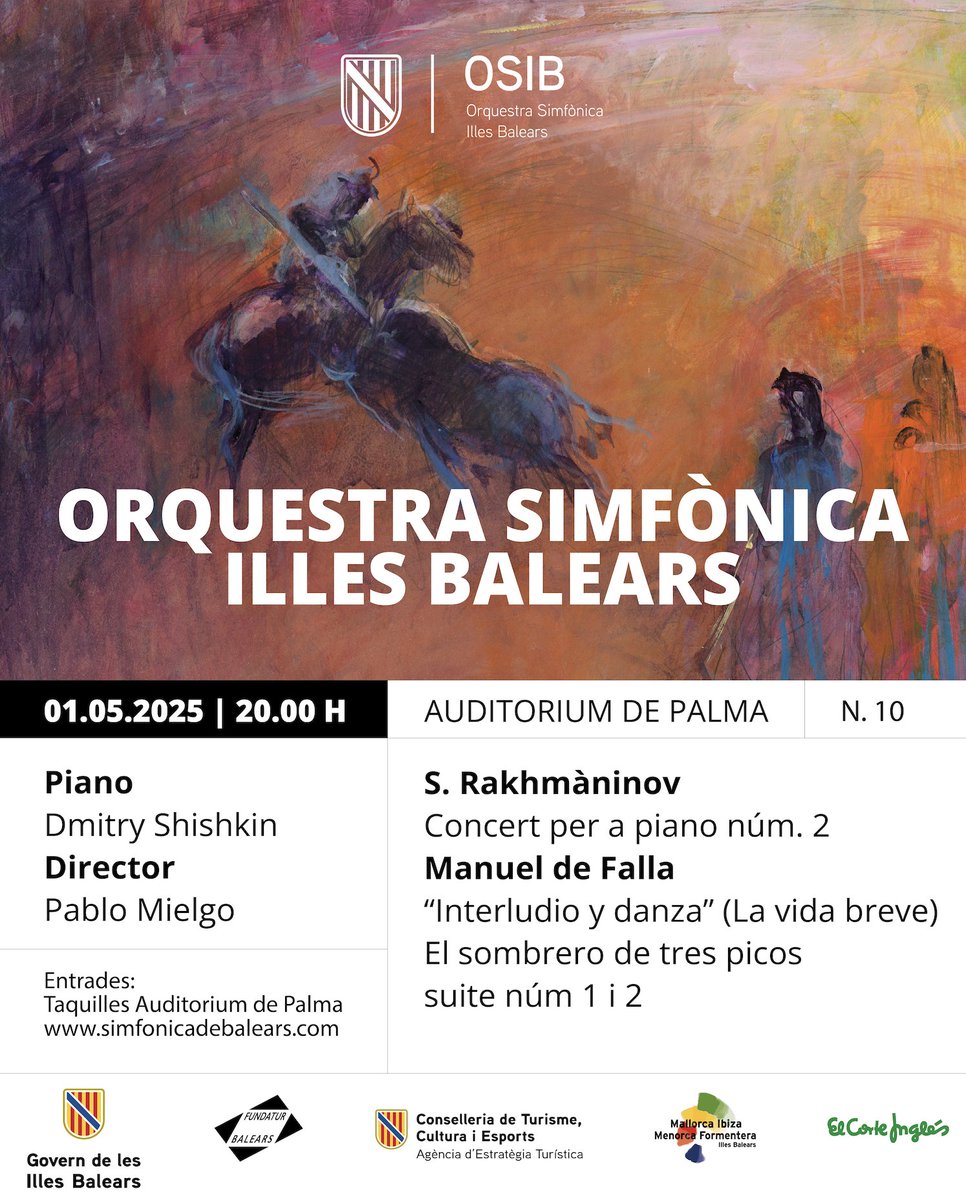 🎹 S. Rakhmàninov, Concert per a piano núm. 2, amb Dmitry Shishkin
💃 Manuel de Falla, Interludio y Danza (La vida breve) i El sombrero de tres picos suite núm. 1 i 2.
🗓️ 1 de maig, Auditorium de Palma, 20 h, amb la direcció de Pablo Mielgo.
🎟️ Entrades: auditoriumpalma.koobin.com/?action=PU_eve….