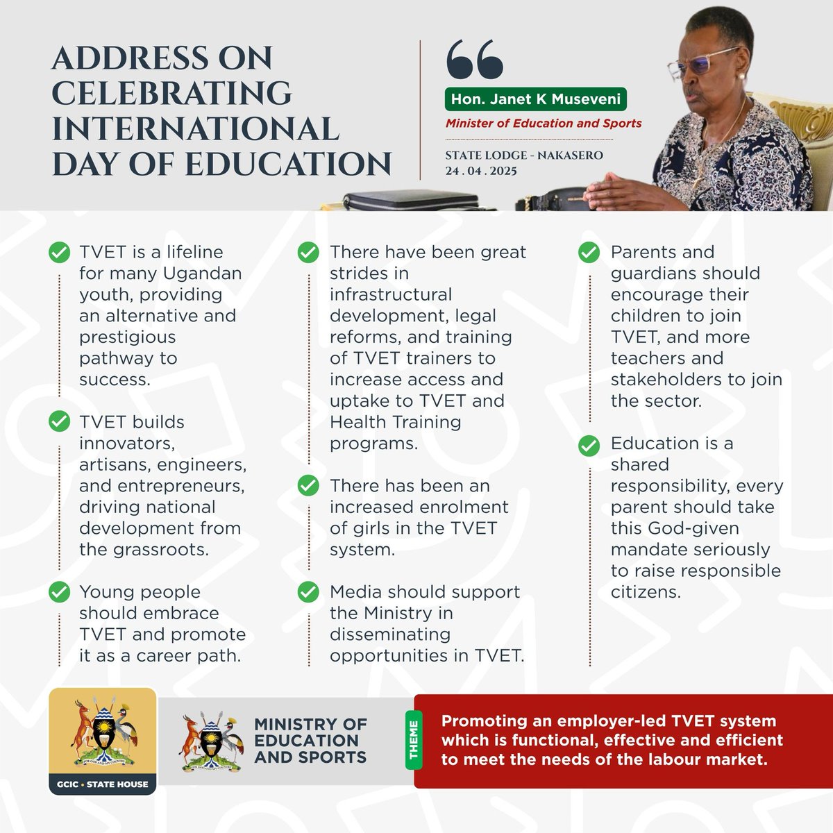 kyosimire_'s tweet photo. "Education is a shared responsibility. Every parent should take this God-given mandate seriously to raise responsible citizens." @JanetMuseveni
#IDEUg
#EducUg
#TVETUg
#OpenGovUg https://t.co/fB9LTFfxQU