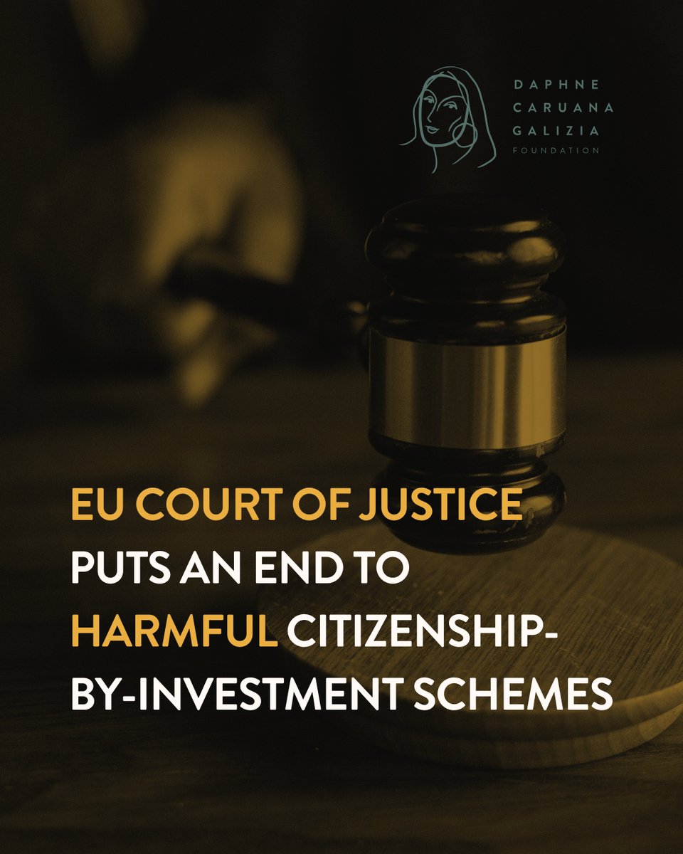 Daphne Caruana Galizia Foundation (@daphnefdtn) on Twitter photo Joint statement by <a href="/anticorruption/">Transparency International</a> and The Daphne Caruana Galizia Foundation
In a landmark judgement today, the EU Court of Justice has put an end to the golden passport sales schemes. The case was brought by the European Commission against Malta. #Goldenpassports Joint statement by <a href="/anticorruption/">Transparency International</a> and The Daphne Caruana Galizia Foundation
In a landmark judgement today, the EU Court of Justice has put an end to the golden passport sales schemes. The case was brought by the European Commission against Malta. #Goldenpassports