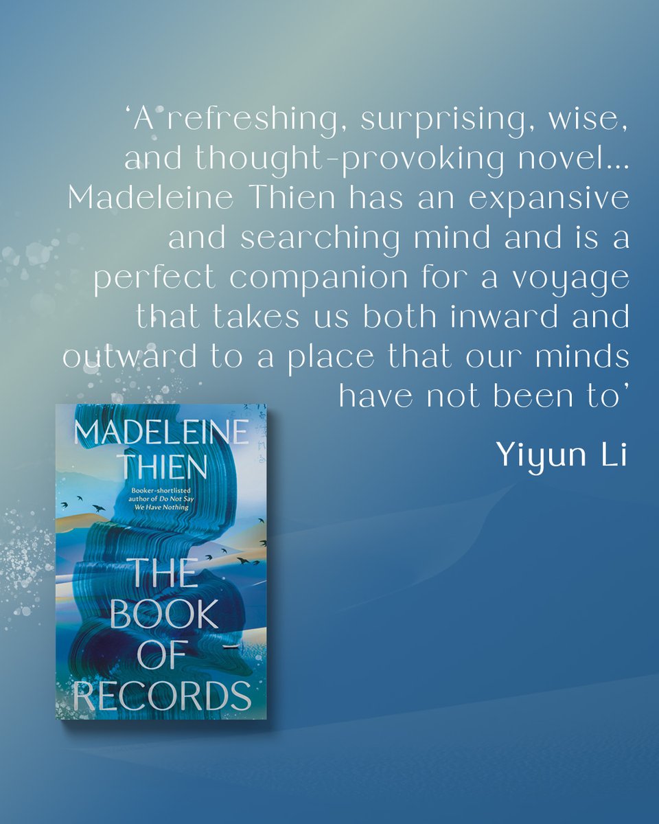 Granta Books (@grantabooks) on Twitter photo THE BOOK OF RECORDS, the 'wise and thought-provoking' new novel from <a href="/madeleinethien/">Madeleine Thien</a>, publishes next week 🩵
Pre-order today #thebookofrecords #madeleinethien
uk.bookshop.org/p/books/the-bo… THE BOOK OF RECORDS, the 'wise and thought-provoking' new novel from <a href="/madeleinethien/">Madeleine Thien</a>, publishes next week 🩵
Pre-order today #thebookofrecords #madeleinethien
uk.bookshop.org/p/books/the-bo…