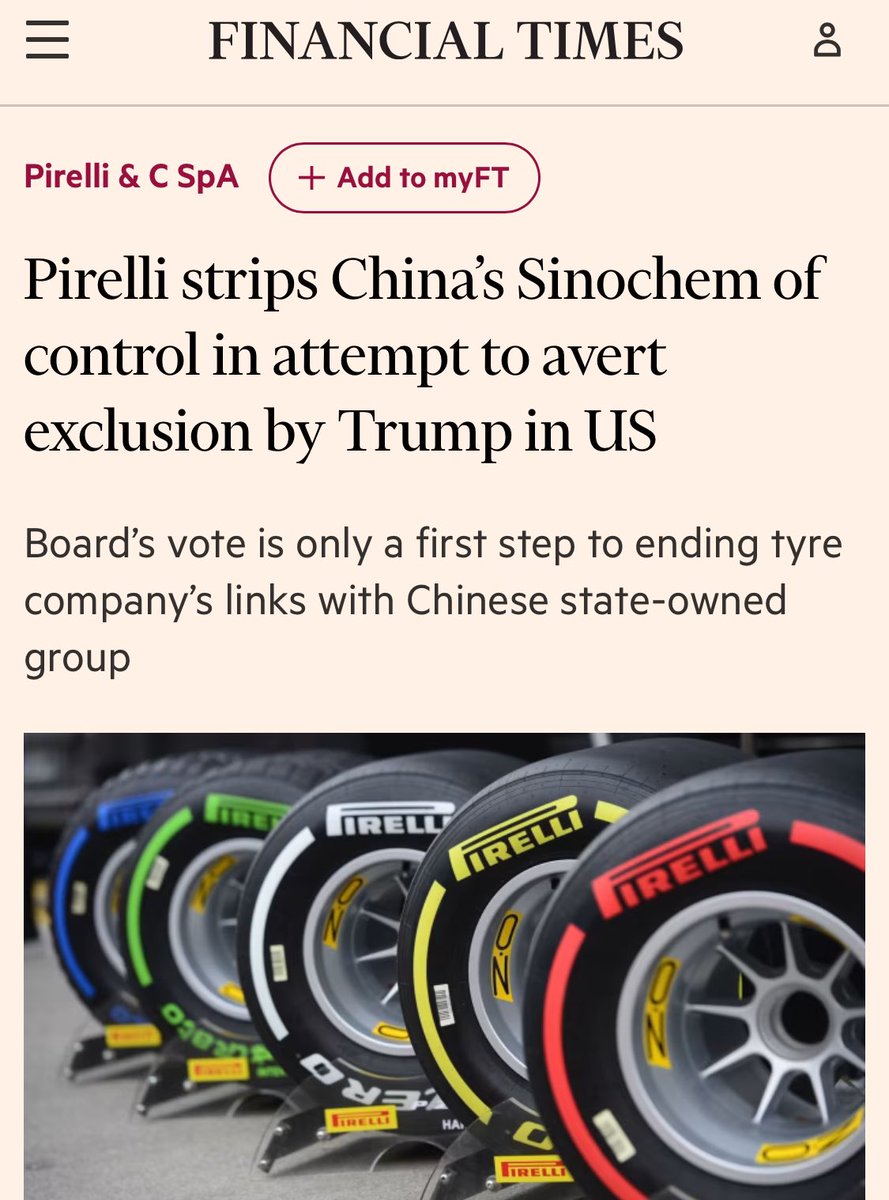michele_geraci's tweet photo. Il CdA #Pirelli si mette contro l’azionista di maggioranza relativa #SinoChem a seguito di un intervento di #Meloni che ha utilizzato il Golden Power per scavalcare i patti parasociali che invece avrebbero dato ai Cinesi, com’è giusto, a rotazione, la presidenza
È impossible che un investitore sano di mente possa investire in Italia. Specialmente quelli cinesi dopo che Meloni ha :
1) Voluto boicottare le olimpiadi di Pechino
2) Votato insieme alla UE per dazi contro la Cina
3) Uscita dalla Via della Seta, senza motivo
Ed infatti la Chang An che avrebbe, nel mondo fantasioso di Meloni, dovuto investire in Italia ha fatto marcia indietro
Il tutto per far piacere a Trump che giustamente ci tratta da sudditi. Lo farei anche io
#Cina #Meloni #Pirelli