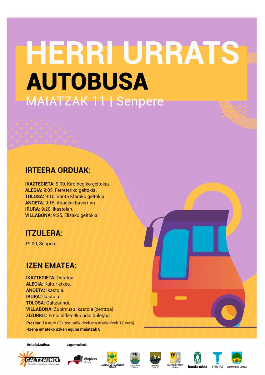 🚌Herri Urratsera (<a href="/HerriUrrats/">Herri Urrats</a>) joateko autobusa antolatu dugu Tolosaldetik.
📌Maiatzak 11, igandea.
Informazio guztia hemen👇 galtzaundi.eus/galtzaundik-au…