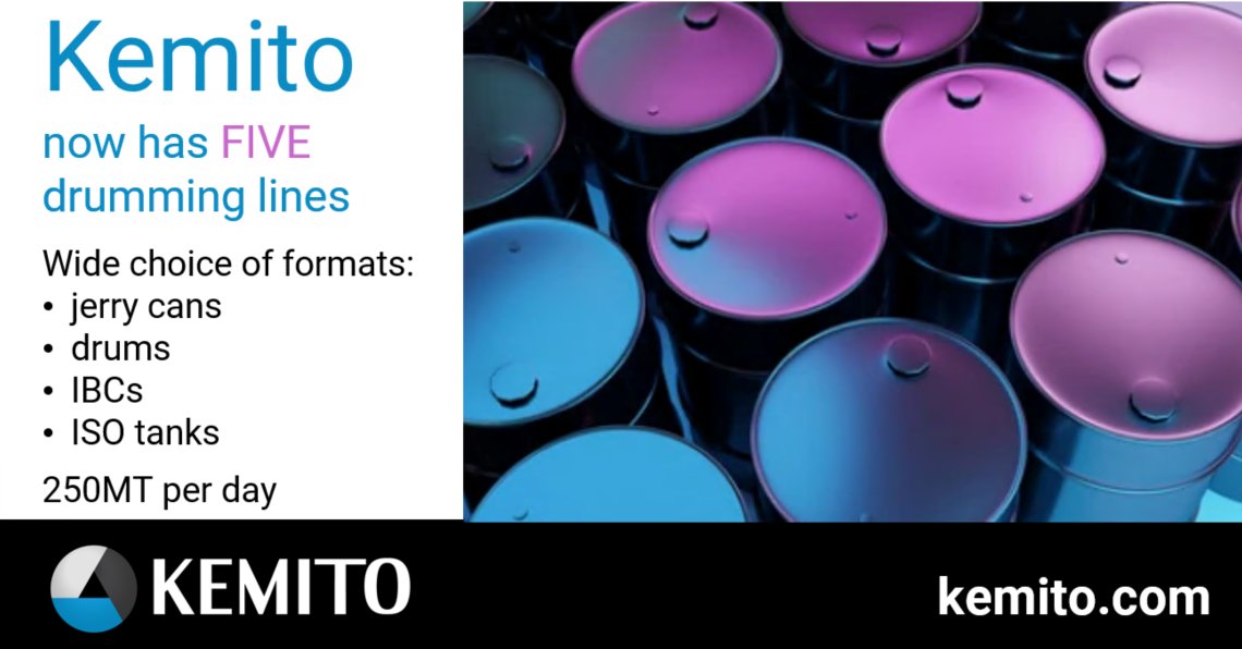 Kemito has increased its drumming and #blending capacity to FIVE drumming lines.

Contact us to discuss your needs:
+31 168 745 002
info@kemito.com
kemito.com/specialist-ser…

#ChemicalBlending