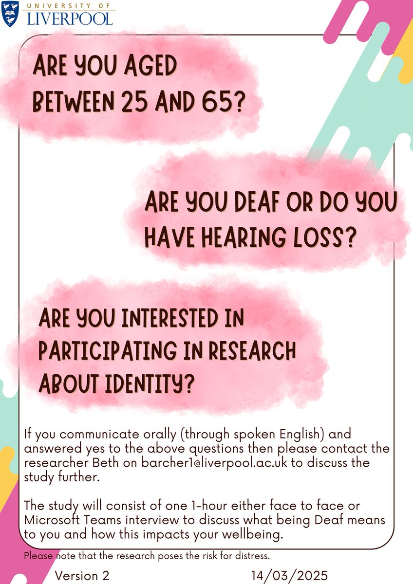 I am now recruiting for my #dclinpsych thesis! If you are interested in taking part, please contact me on barcher1@liverpool.ac.uk. #deafresearch #deaf #identity #wellbeing