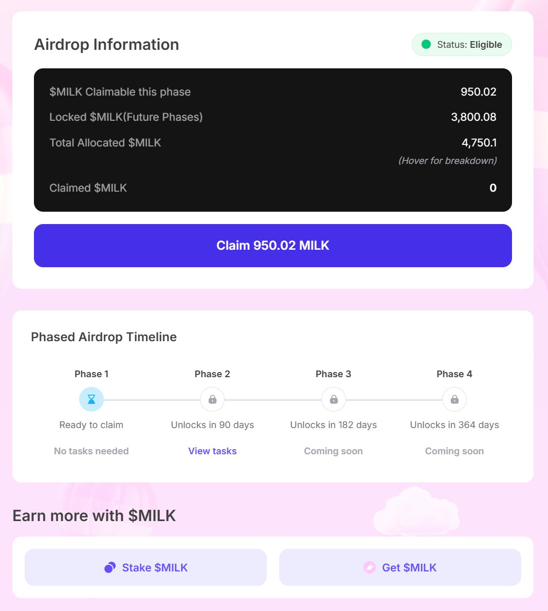 AirdropGlideApp's tweet photo. Airdrop Update: $MILK

The @milky_way_zone airdrop is now available to claim: https://t.co/ah0MhkzdNT

MILK is available for trading on @osmosiszone: https://t.co/gyo3i8Cbt7

And will likely be on @coingecko shortly: https://t.co/wWpENCCDv4

You can claim 20% now, then a further 25% after 3 months, 25% more after 6 months, and final 30% after 12 months.

Good luck!

Disclaimer:
Don’t invest unless you’re prepared to lose all the money you invest. This is a high-risk investment and you should not expect to be protected if something goes wrong. Take 2 mins to learn more.