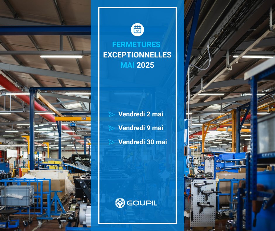 En raison des jours fériés, notre site de production sera exceptionnellement férié les vendredis 2, 9 et 30 mai.

Une permanence sera assurée par notre équipe après-vente, prête à répondre à vos demandes urgentes durant ces journées.