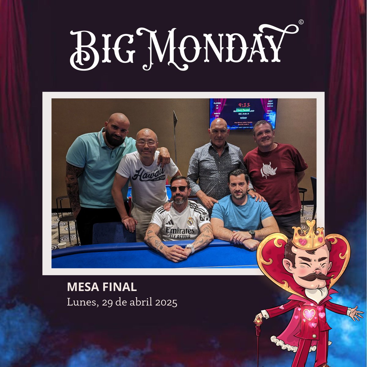 ♣️Mesa Final del Torneo BigMonday del lunes. PrizePool 6.871,60€ ¡¡Felicidades!!❤️

♦️Final Table of last night’s BigMonday Tournament. PrizePool 6.871,60€ Congratulations!!♠️