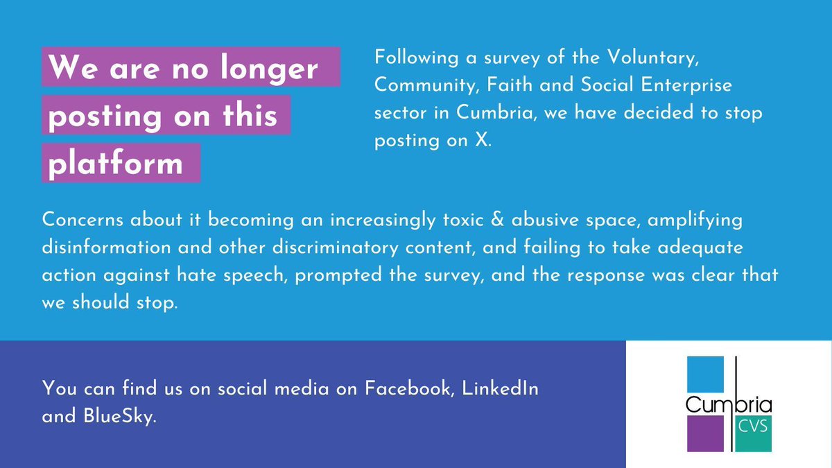 We are no longer posting on this platform.

Read our article explaining why here: cumbriacvs.org.uk/news/goodbye-x… 

You can find us on:

Facebook: facebook.com/CumbriaCVS 
LinkedIn: linkedin.com/company/cumbri… 
BlueSky: bsky.app/profile/cumbri… 

Please join us on one of these platforms.