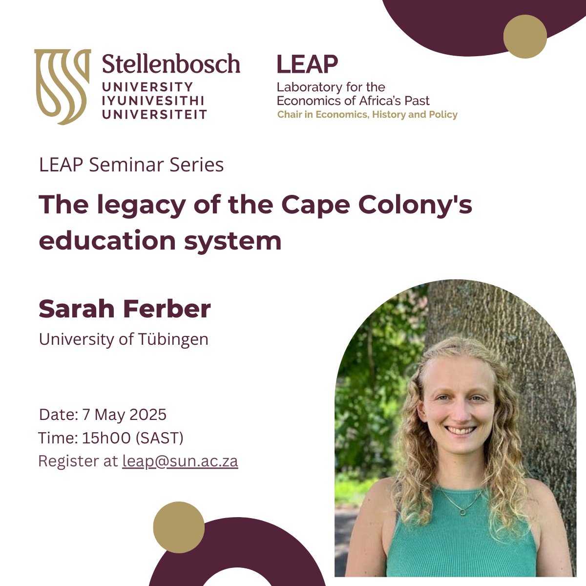 Laboratory for the Economics of Africa's Past (@leap_su) on Twitter photo 🚨 LEAP Seminar alert!
Sarah Ferber (University of Tübingen) presents her research, "The legacy of the Cape Colony's education system."
7 May 2025 at 15:00 (SAST)
Please make sure to RSVP at leap@sun.ac.za
hashtag#LEAPSeminarSeries
hashtag#EconomicHistory 🚨 LEAP Seminar alert!
Sarah Ferber (University of Tübingen) presents her research, "The legacy of the Cape Colony's education system."
7 May 2025 at 15:00 (SAST)
Please make sure to RSVP at leap@sun.ac.za
hashtag#LEAPSeminarSeries
hashtag#EconomicHistory