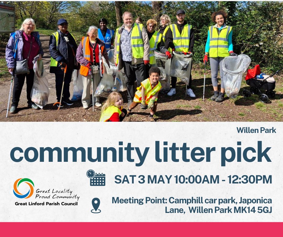 GreatLinfordPC's tweet image. 🚨 Calling all #LitterHeroes! 🚨
Ready to swap your Saturday lie-in for some fresh air, friendly faces, and feel-good action? 🙌
Join the Willen Park Community Litter Pick this Saturday, 3rd May, and be part of the #GreatBritishSpringClean! 💪