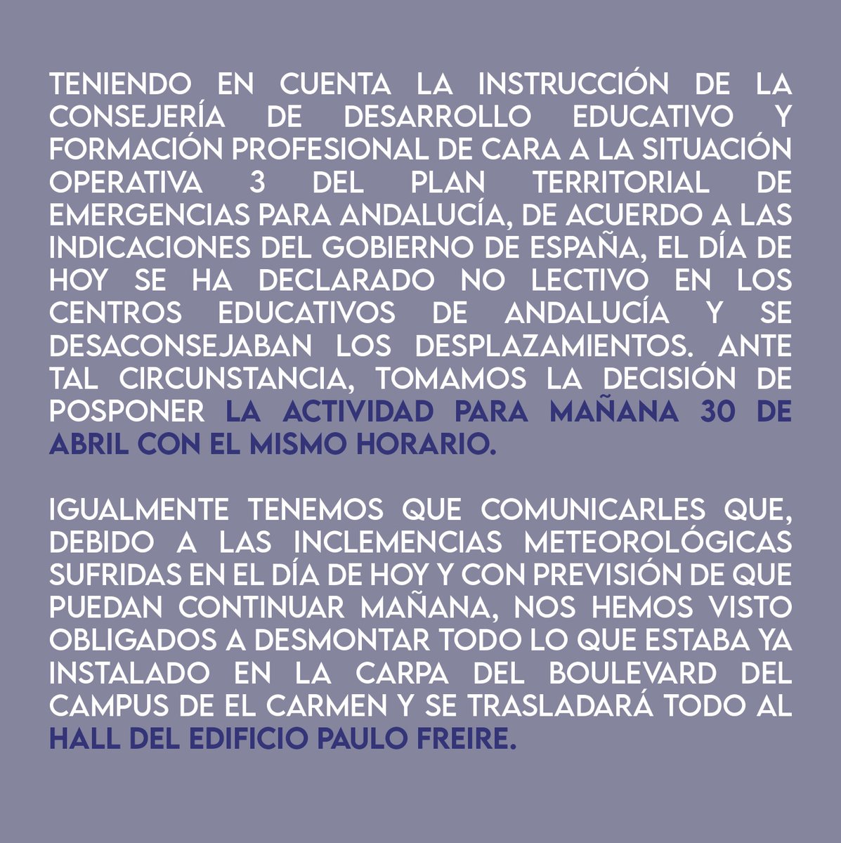 Nos vemos obligados a cambiar la fecha y ubicación de la I feria de la Ciencia de #Huelva, os esperamos con aún más ganas mañana 30 de abril en el hall del edificio Paulo Freire en el mismo horario (11 a 19 horas)

#nohayquiennospare #feriadelaciencia