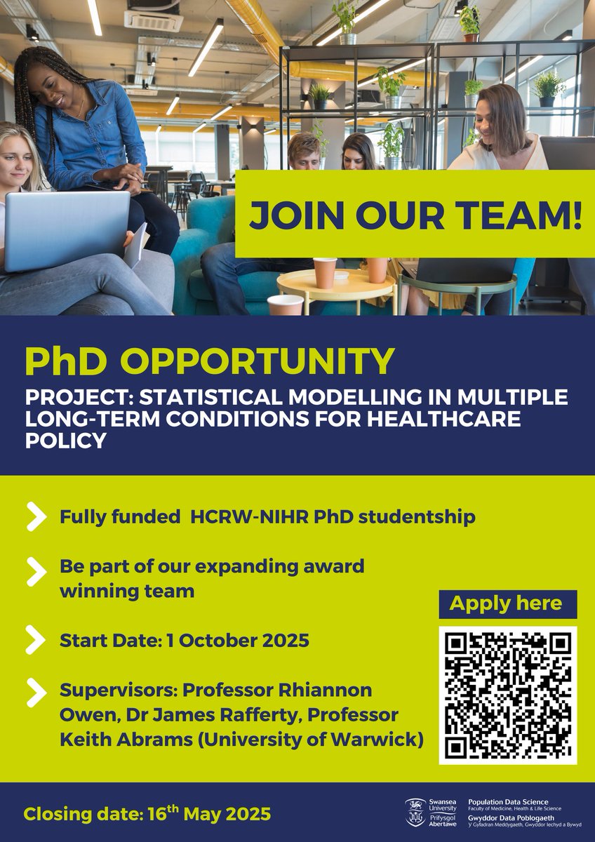 Population Data Science at Swansea University (@popdatasci_su) on Twitter photo 📣New #PhD opportunity in Health Data Science!
🎓Fully funded by <a href="/ResearchWales/">Health and Care Research Wales</a> <a href="/NIHRresearch/">National Institute for Health and Care Research</a>
💡Project: Statistical Modelling in Multiple Long-Term Conditions for Healthcare Policy
🔗Apply by 16 May 2025 swansea.ac.uk/postgraduate/s… <a href="/RhiannonKOwen/">Rhiannon K Owen</a> <a href="/DrJimRafferty/">Jim Rafferty</a> #healthdata 📣New #PhD opportunity in Health Data Science!
🎓Fully funded by <a href="/ResearchWales/">Health and Care Research Wales</a> <a href="/NIHRresearch/">National Institute for Health and Care Research</a>
💡Project: Statistical Modelling in Multiple Long-Term Conditions for Healthcare Policy
🔗Apply by 16 May 2025 swansea.ac.uk/postgraduate/s… <a href="/RhiannonKOwen/">Rhiannon K Owen</a> <a href="/DrJimRafferty/">Jim Rafferty</a> #healthdata