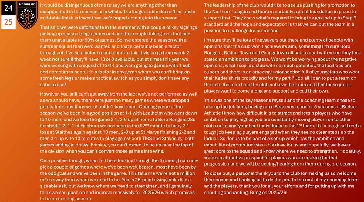 Manager Steve Simpkin shares a brief reflection on the 2024/25 season and looks ahead to what will hopefully be an exciting 2025/26.