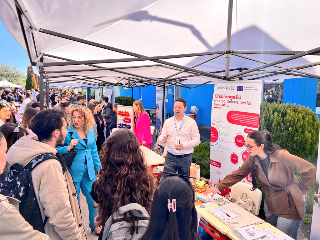 mvdsinstitute's tweet photo. At South East European University’s Career Fair today, representing the #ChallengeEU project — a great chance to connect with students and industry stakeholders, exchange ideas, and explore future collaborations. #SEEU #CareerFair https://t.co/8cJyVFRKoT