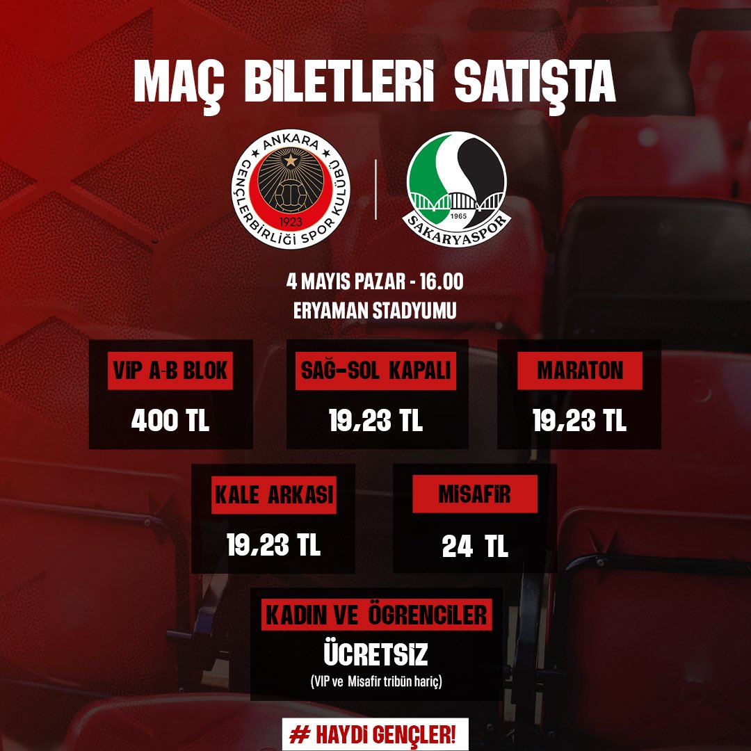 📣 HAYDİ ANKARA, HAYDİ GENÇLER! 

Trendyol 1. Lig’in 37. haftasında 4 Mayıs - Pazar günü, saat 16.00’da Eryaman Stadyumu’nda Sakaryaspor A.Ş. ile oynayacağımız maçın biletleri satışa çıktı. 

ℹ️ Gençlerbirliği biletleri, Sakaryaspor A.Ş. passolig kartı hariç tüm passolig kartlar