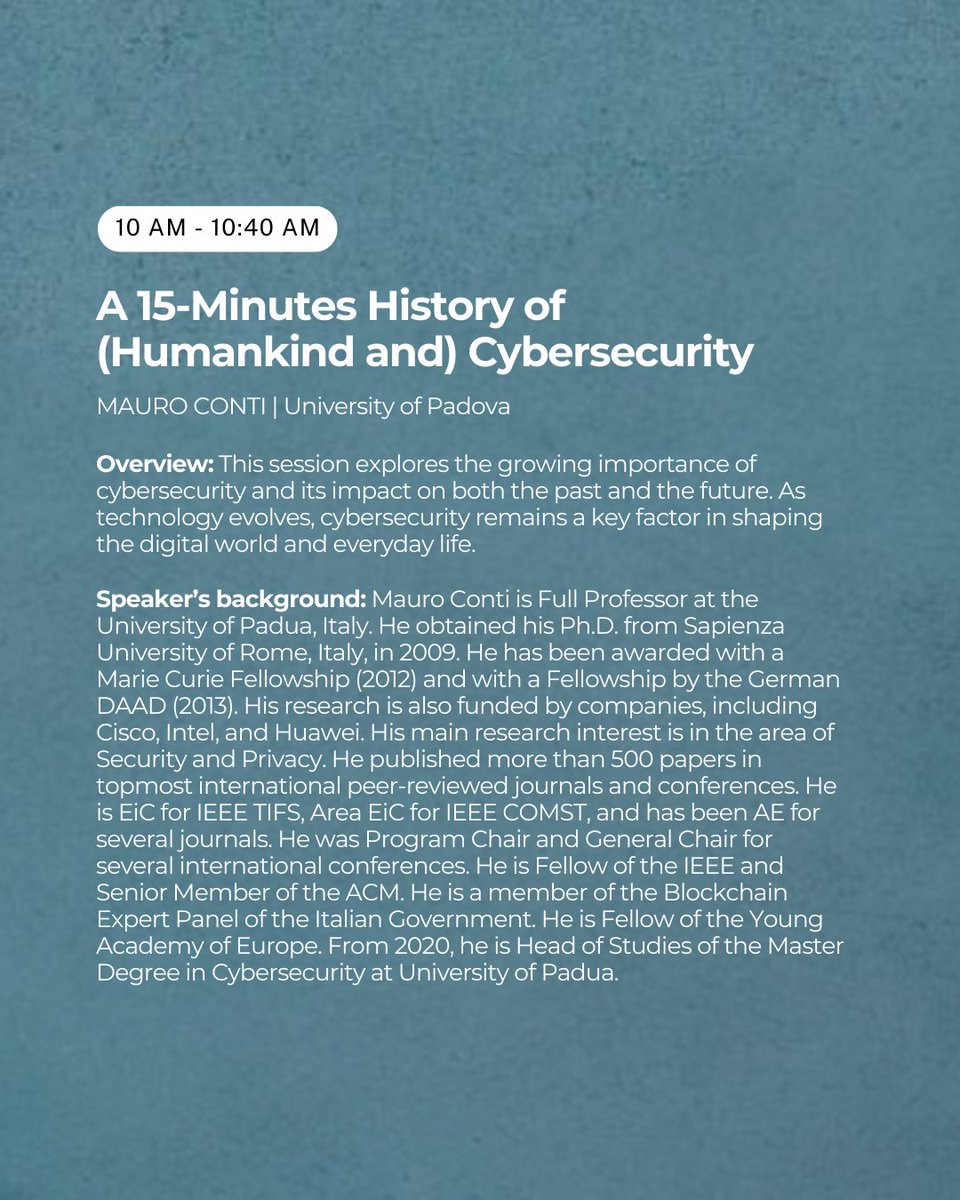 discunipd's tweet image. 🧠 The Human Code: how tech reshapes brains, science, and security
📅 May 14 | 🕙 10:00–12:30 

Speakers:
🔹 N. Wood – Emotions &amp;amp; adaptation
🔹@gianpacc – Innovation between open and secret science
🔹 @mauroconti_ – Cybersecurity &amp;amp; society

Register ➡️ forms.gle/uQNemr7XWkAcKv…