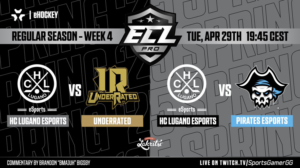 🔥 Week 4 of the #ECL25Spring Pro season continues TONIGHT! 🔥

📺 Watch LIVE on twitch.tv/SportsGamerGG
⏰ 19:45 CEST | Tuesday, April 29
 ⚔️HC Lugano Esports vs <a href="/UnderRatedEASHL/">UnderRated</a> 
⚔️ HC Lugano Esports vs <a href="/PIRATESxESPORTS/">Pirates eSports</a> 

🎙️ <a href="/bMaJuH/">MaJuH 🎥</a> 

#eHockey | #NHL25 | #KouvolanLakritsi