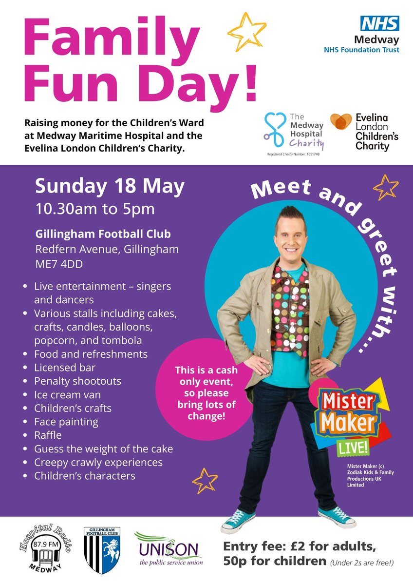 Medway NHS Foundation Trust (@medway_nhs_ft) on Twitter photo Children’s entertainer Mister Maker will meet fans at a family fun day, organised by one of Medway Maritime Hospital’s children’s play specialists, Ann McKinnon, at <a href="/TheGillsFC/">Gillingham FC</a> on Sunday 18 May.
orlo.uk/0bMQV Children’s entertainer Mister Maker will meet fans at a family fun day, organised by one of Medway Maritime Hospital’s children’s play specialists, Ann McKinnon, at <a href="/TheGillsFC/">Gillingham FC</a> on Sunday 18 May.
orlo.uk/0bMQV