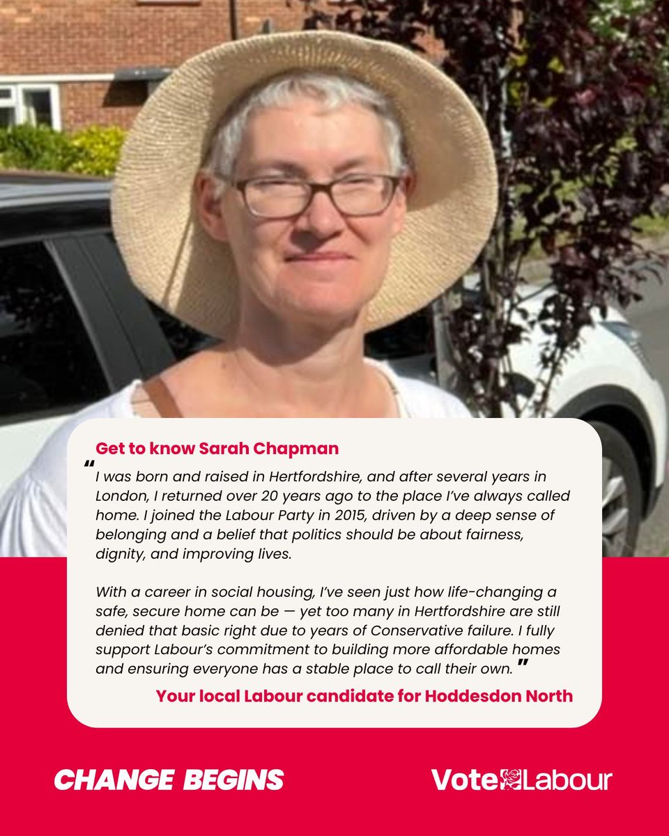 🙋‍♀️  Get to know Sarah Chapman better, your local Labour candidate for Hoddesdon North.

🗳️ Remember to vote Labour on Thursday 1 May. 🌹 

👤 And don't forget you need Photo ID to vote.