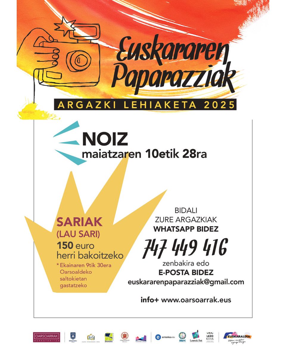 📸 Euskararen Paparazziak argazki lehiaketaren 7. edizioa abian!

🎯 <a href="/euskaraldia/">EUSKARALDIA</a>|ren elementuekin apaindutako komertzioen argazkiak.

📅 Epea: maiatzaren 10-28 bitarte.

🎁 Oarsoaldeko saltokietan gastatzeko 150 euroko lau bono.

ℹ️oarsoarrak.eus/euskara/albist…

#oarsoaldea