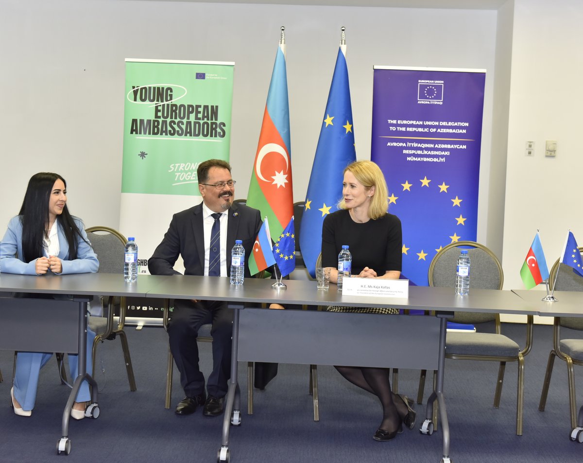 euneighbours's tweet photo. Last week, the Young European Ambassadors in 🇦🇿 Azerbaijan had a special opportunity to engage in a meaningful conversation with Kaja Kallas, Vice-President of 🇪🇺 the European Commission, during her official visit to Azerbaijan.

This meeting reflects the growing potential for further collaboration between 🇦🇿 Azerbaijan and 🇪🇺 the EU, with youth playing a key role in strengthening mutual understanding and equal partnership.

#StrongerTogether