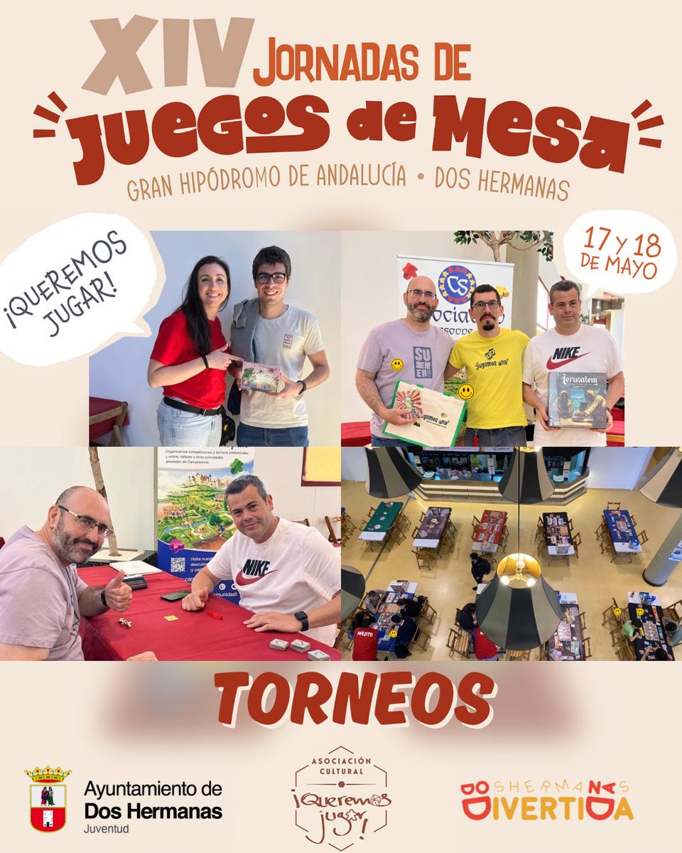 🚨 TORNEOS XIV JORNADAS QJ 🏆
¡Pásate por el stand de las diferentes editoriales, suelen anunciar los torneos que se van a disputar ese día.

#xivjornadasqj #queremosjugar #jornadasqj #hipodromodoshermanas #doshermanas #juegosdemesa #bgg #boardgames #torneos #editoriales